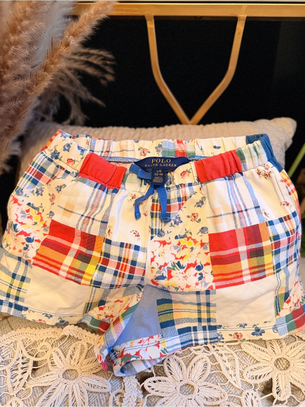 Polo by Ralph Lauren Girls' Red Blue Yellow Cream Patchwork Shorts
